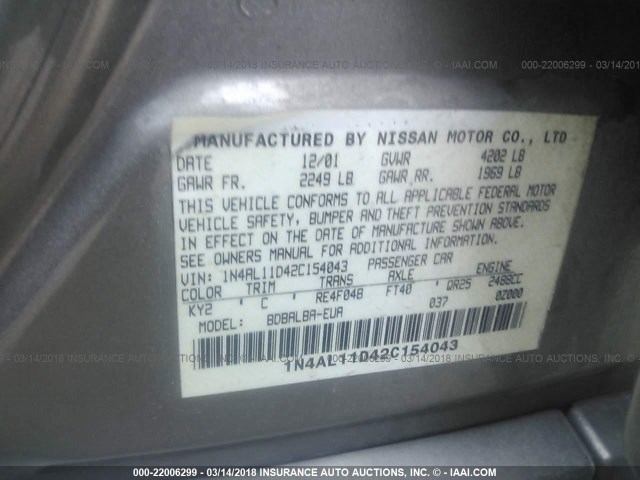 1N4AL11D42C154043 - 2002 NISSAN ALTIMA S/SL GOLD photo 9