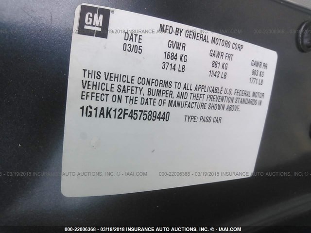 1G1AK12F457589440 - 2005 CHEVROLET COBALT Light Blue photo 9