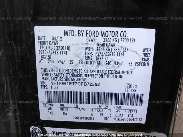 1FTFW1ET7CFB72352 - 2012 FORD F150 SUPERCREW GREEN photo 9