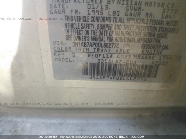 3N1AB7AP0DL662773 - 2013 NISSAN SENTRA S/SV/SR/SL SILVER photo 9