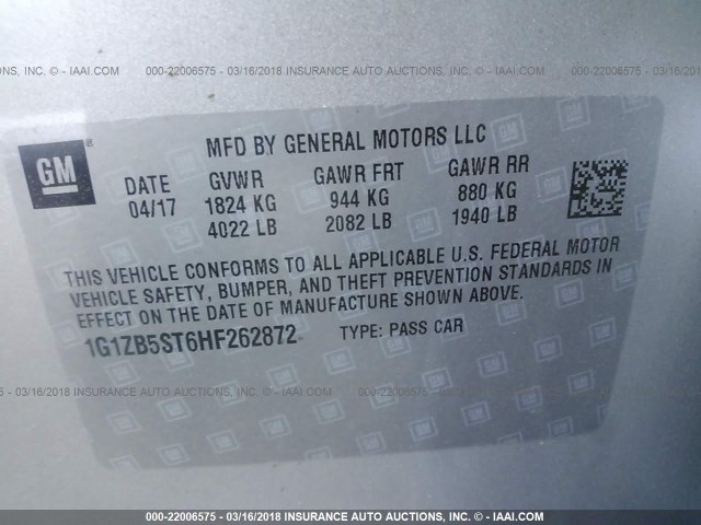 1G1ZB5ST6HF262872 - 2017 CHEVROLET MALIBU LS 灰色 照片 9