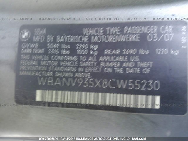 WBANV935X8CW55230 - 2008 BMW 535 XI GRAY photo 9