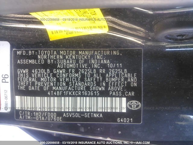 4T4BF1FKXCR163615 - 2012 TOYOTA CAMRY SE/LE/XLE BLACK photo 9
