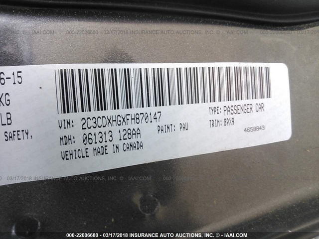 2C3CDXHGXFH870147 - 2015 DODGE CHARGER SXT GRAY photo 9