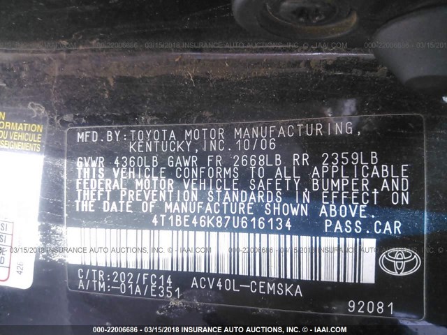 4T1BE46K87U616134 - 2007 TOYOTA CAMRY NEW GENERAT CE/LE/XLE/SE BLACK photo 9