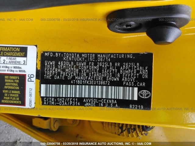 4T1BD1FK3EU138672 - 2014 TOYOTA CAMRY HYBRID/LE/XLE ყვითელი ფოტო 9