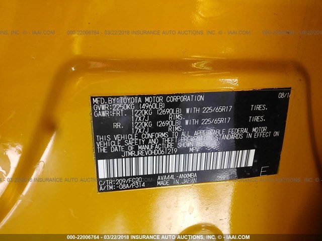 JTMRJREV0HD061219 - 2017 TOYOTA RAV4 HV LE/XLE YELLOW photo 9