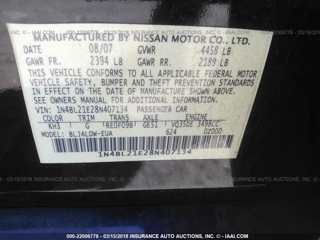 1N4BL21E28N407134 - 2008 NISSAN ALTIMA 3.5SE/3.5SL BLACK photo 9