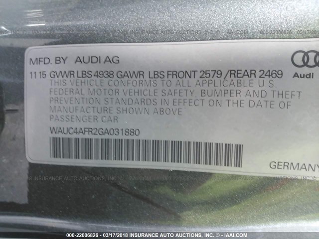 WAUC4AFR2GA031880 - 2016 AUDI S5 PREMIUM PLUS 灰色 照片 9