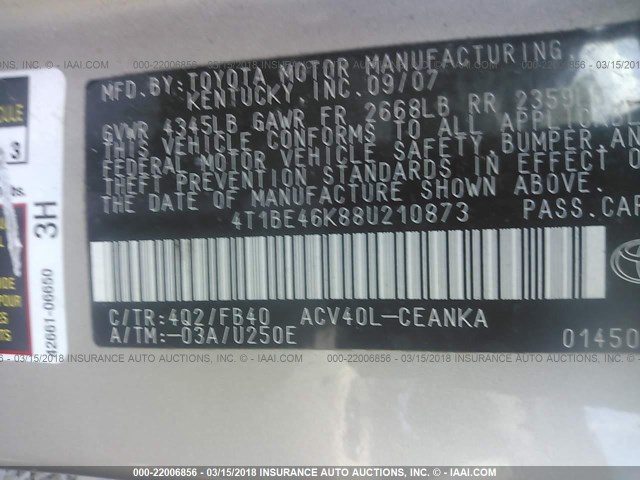 4T1BE46K88U210873 - 2008 TOYOTA CAMRY CE/LE/XLE/SE TAN photo 9