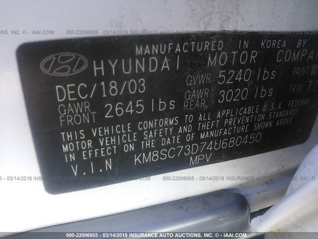 KM8SC73D74U680450 - 2004 HYUNDAI SANTA FE GLS/LX WHITE photo 9