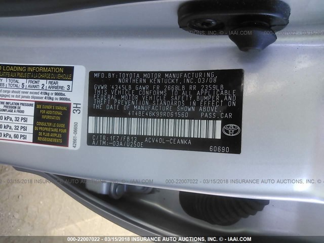 4T4BE46K99R061560 - 2009 TOYOTA CAMRY SE/LE/XLE SILVER photo 9