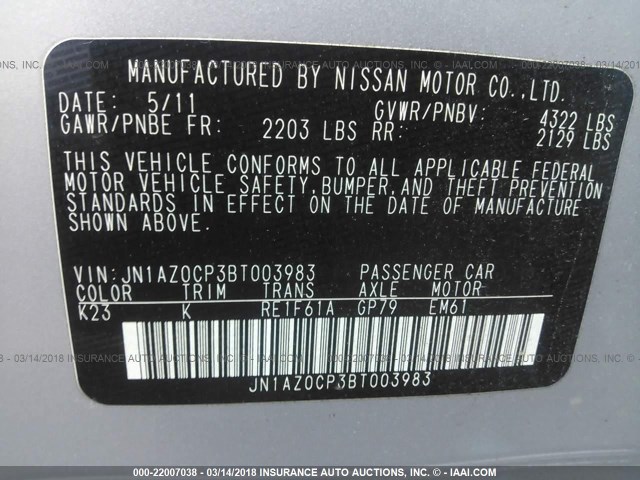 JN1AZ0CP3BT003983 - 2011 NISSAN LEAF SV/SL SILVER photo 9