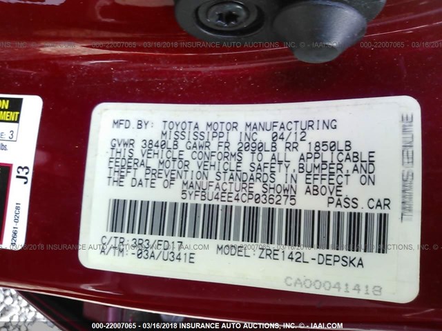 5YFBU4EE4CP036275 - 2012 TOYOTA COROLLA S/LE RED photo 9