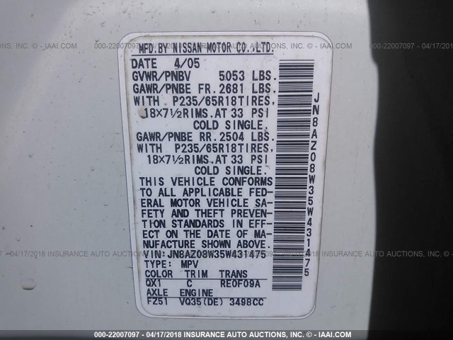 JN8AZ08W35W431475 - 2005 NISSAN MURANO SL/SE/S WHITE photo 9