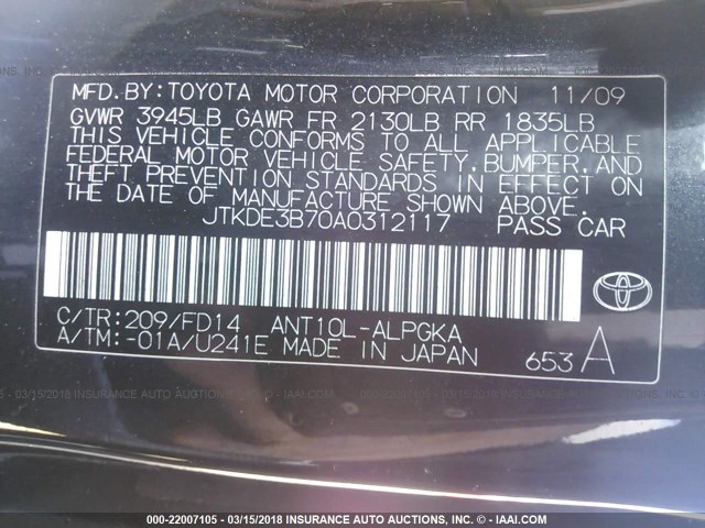 JTKDE3B70A0312117 - 2010 TOYOTA SCION TC 黑色 照片 9