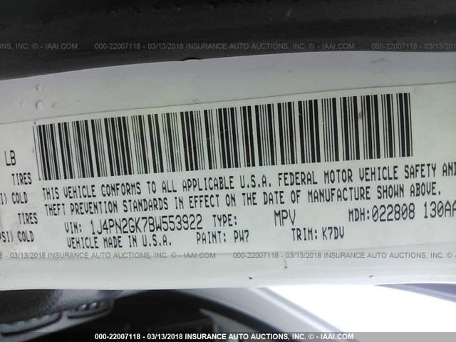 1J4PN2GK7BW553922 - 2011 JEEP LIBERTY SPORT 白色 照片 9