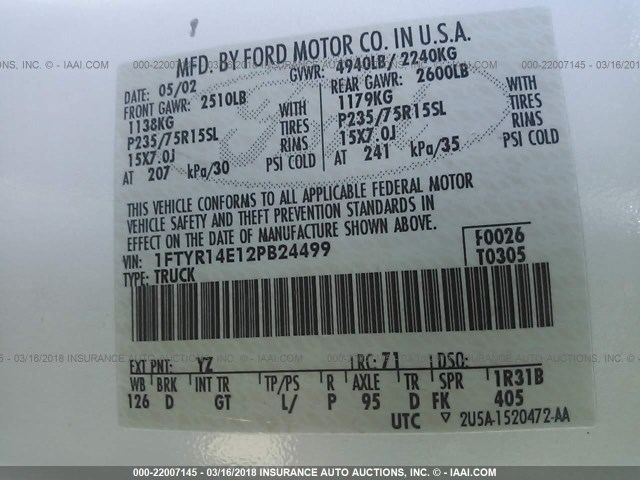 1FTYR14E12PB24499 - 2002 FORD RANGER SUPER CAB WHITE photo 9