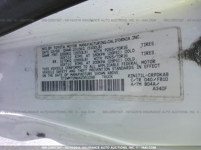 5TEWM72N84Z351096 - 2004 TOYOTA TACOMA XTRACAB WHITE photo 9