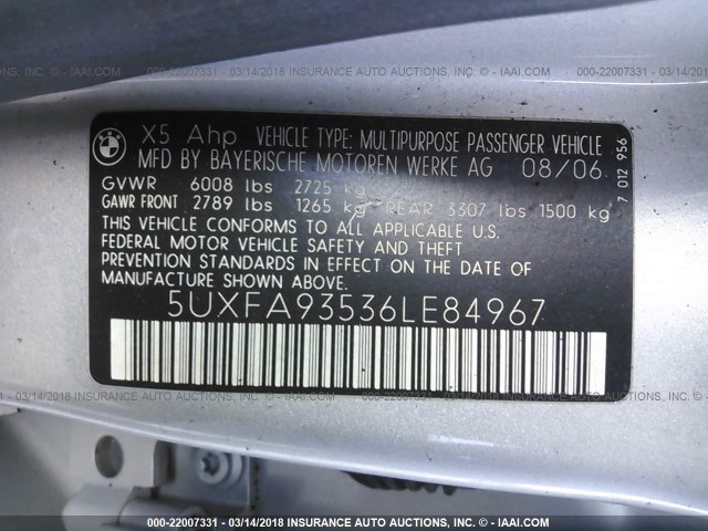 5UXFA93536LE84967 - 2006 BMW X5 4.8IS SILVER photo 9