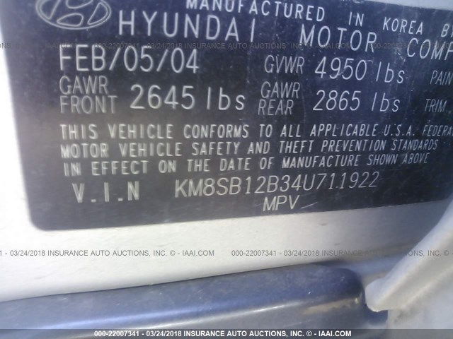 KM8SB12B34U711922 - 2004 HYUNDAI SANTA FE GL SILVER photo 9