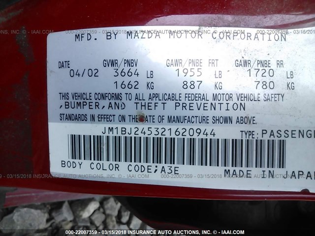 JM1BJ245321620944 - 2002 MAZDA PROTEGE PR5 红色 照片 9