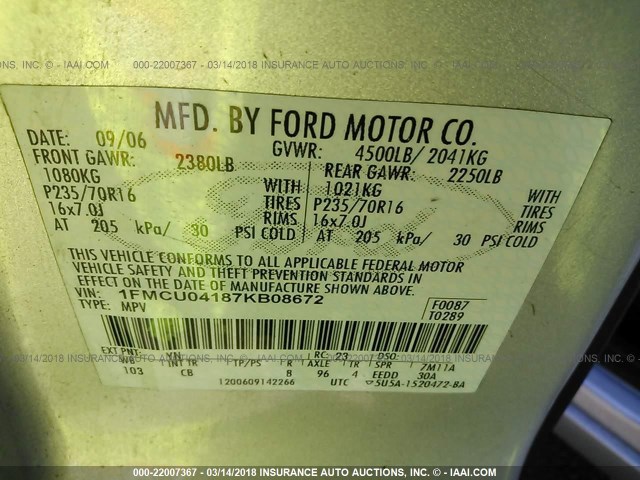 1FMCU04187KB08672 - 2007 FORD ESCAPE LIMITED SILVER photo 9