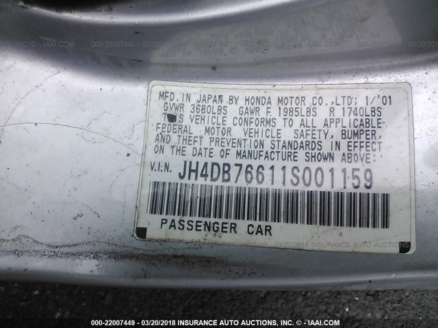 JH4DB76611S001159 - 2001 ACURA INTEGRA GS SILVER photo 9