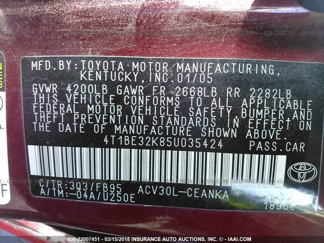 4T1BE32K85U035424 - 2005 TOYOTA CAMRY LE/XLE/SE MAROON photo 9