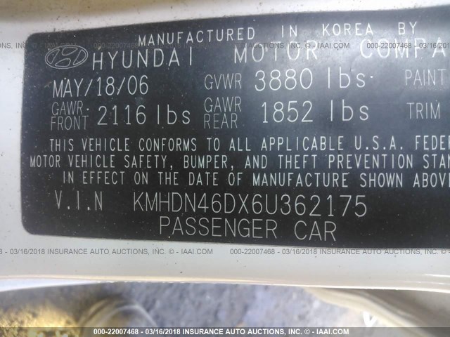 KMHDN46DX6U362175 - 2006 HYUNDAI ELANTRA GLS/GT/LIMITED WHITE photo 9