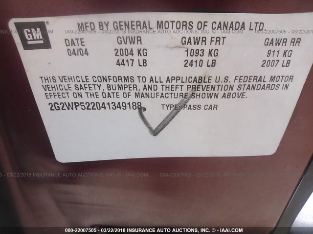 2G2WP522041349188 - 2004 PONTIAC GRAND PRIX GT MAROON photo 9