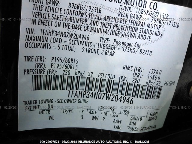 1FAHP34N07W204946 - 2007 FORD FOCUS ZX4/S/SE/SES 黑色 照片 9