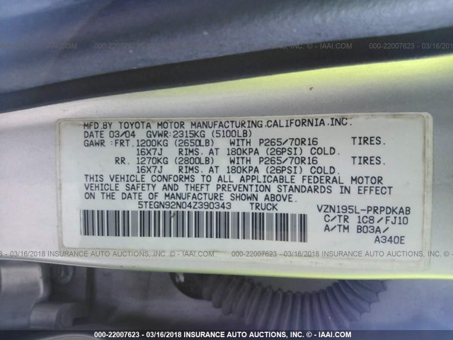 5TEGN92N04Z390343 - 2004 TOYOTA TACOMA DOUBLE CAB PRERUNNER GRAY photo 9