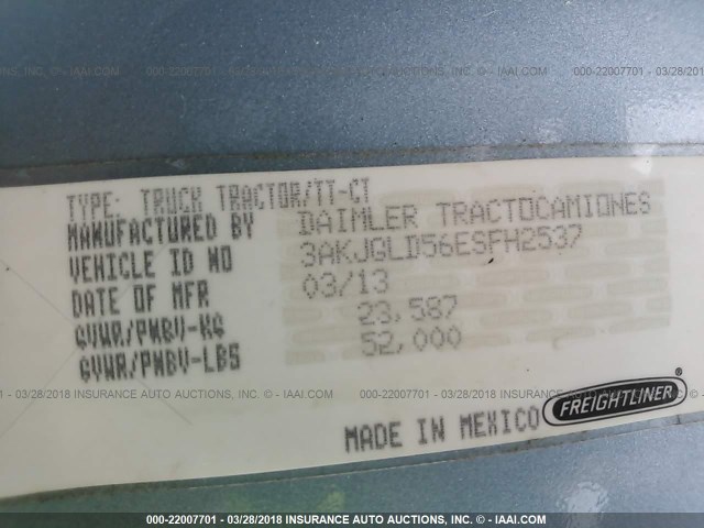 3AKJGLD56ESFH2537 - 2014 FREIGHTLINER CASCADIA 125  Unknown photo 10