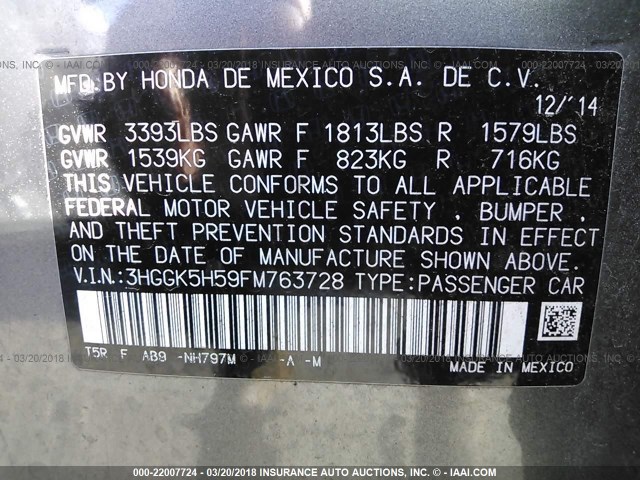 3HGGK5H59FM763728 - 2015 HONDA FIT LX Gris photo 9