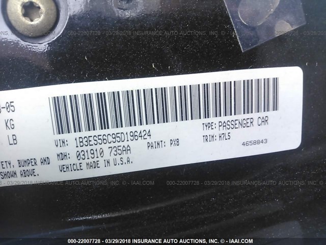 1B3ES56C95D196424 - 2005 DODGE NEON SXT BLACK photo 9