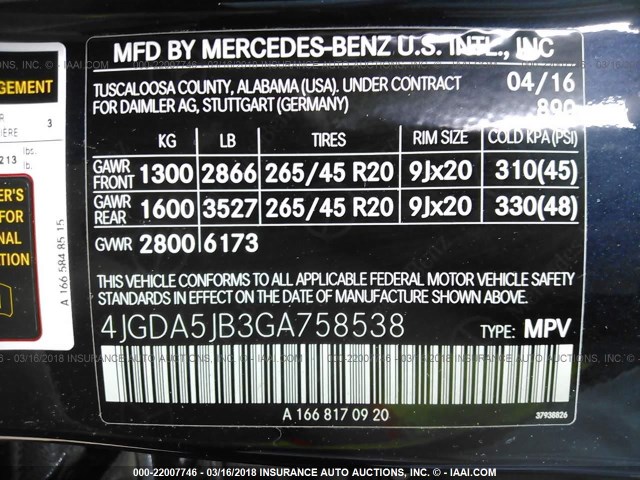 4JGDA5JB3GA758538 - 2016 MERCEDES-BENZ GLE 350 BLUE photo 9