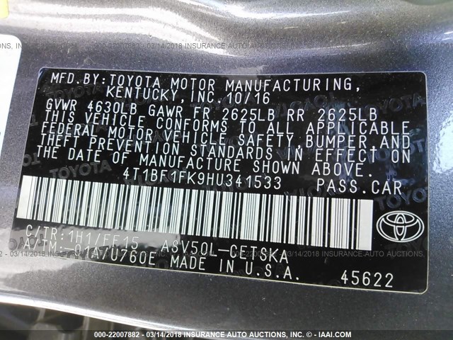 4T1BF1FK9HU341533 - 2017 TOYOTA CAMRY LE/XLE/SE/XSE ნაცრისფერი ფოტო 9