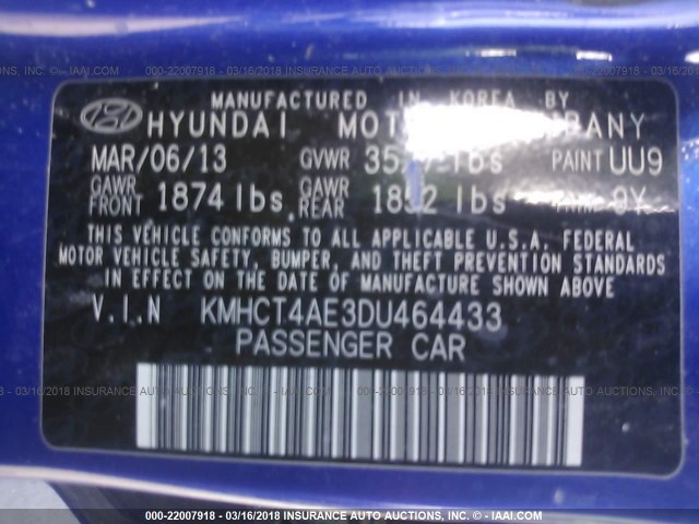 KMHCT4AE3DU464433 - 2013 HYUNDAI ACCENT GLS/GS BLUE photo 9