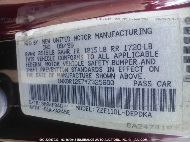 1NXBR12E7YZ325600 - 2000 TOYOTA COROLLA VE/CE/LE MAROON photo 9