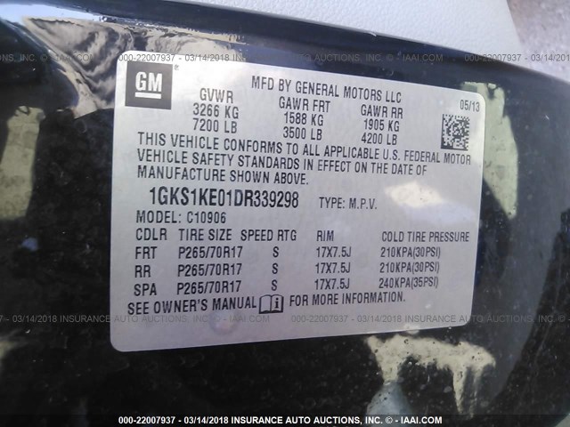 1GKS1KE01DR339298 - 2013 GMC YUKON XL C1500 SLT BLACK photo 9