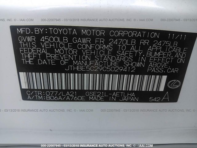 JTHBE5C29C5029412 - 2012 LEXUS IS 350 WHITE photo 9