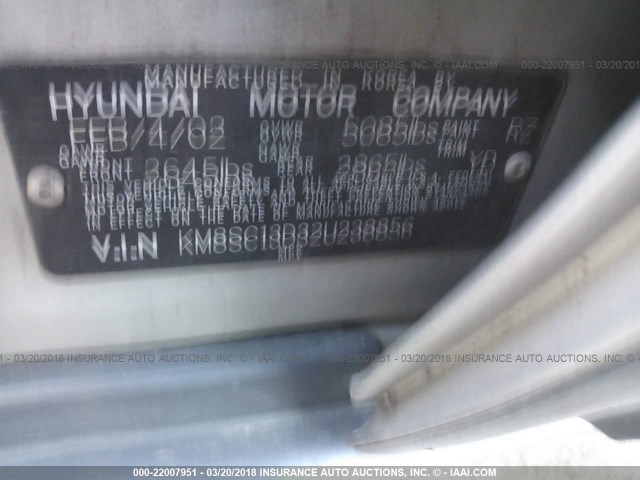 KM8SC13D32U238856 - 2002 HYUNDAI SANTA FE GLS/LX SILVER photo 9