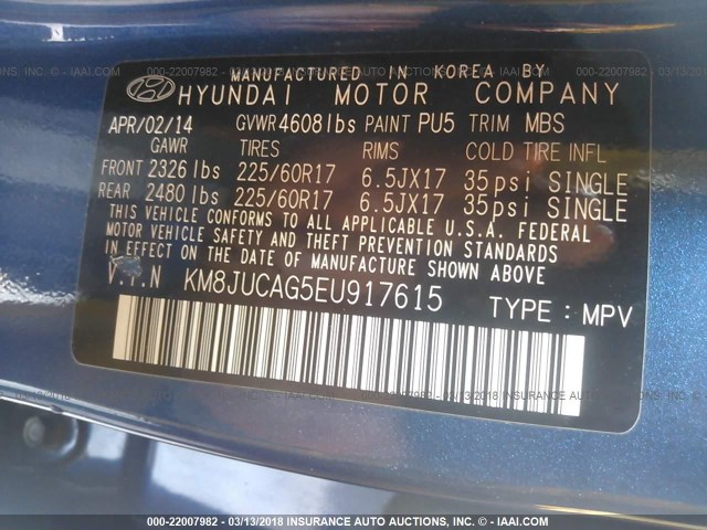 KM8JUCAG5EU917615 - 2014 HYUNDAI Tucson GLS/LIMITED/SE BLUE photo 9