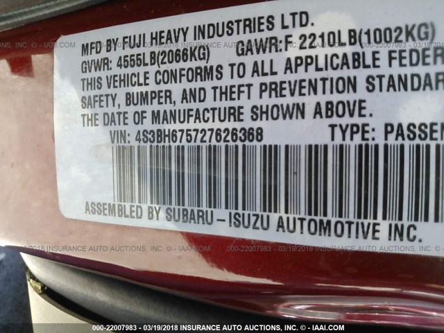 4S3BH675727626368 - 2002 SUBARU LEGACY OUTBACK AWP 红色 照片 9