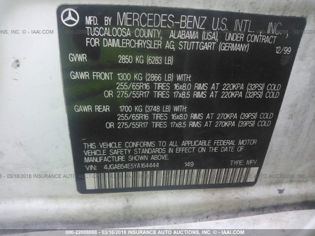 4JGAB54E5YA164444 - 2000 MERCEDES-BENZ ML 320 Ağ foto 9