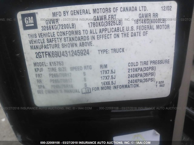 2GTFK69U431245924 - 2003 GMC SIERRA K1500 DENALI BLACK photo 9