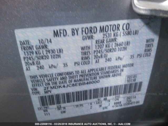 2FMDK4JC8EBB46000 - 2014 FORD EDGE SEL SILVER photo 9