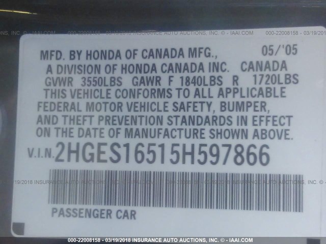 2HGES16515H597866 - 2005 HONDA CIVIC LX BLUE photo 9