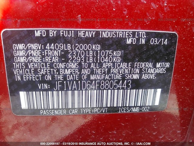 JF1VA1D64F8805443 - 2015 SUBARU WRX PREMIUM RED photo 9